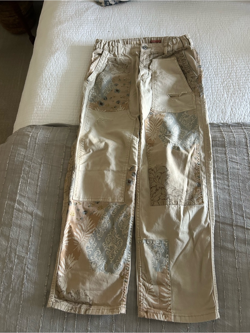 Pilcro Beige Patchwork Cargo Pants with Subtle Floral Panels